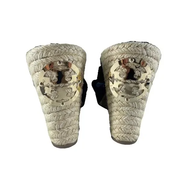 Tory Burch Kristen Espadrille Platform Womens  Black Suede  Wedge Sandals 8 1/2 - Picture 4 of 7